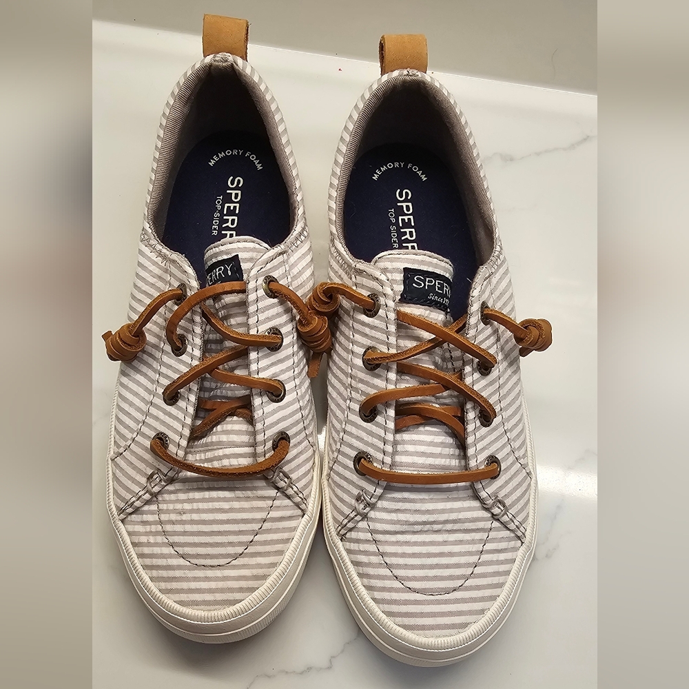 Sperry White and Grey Striped Sneakers Size 6 Womens